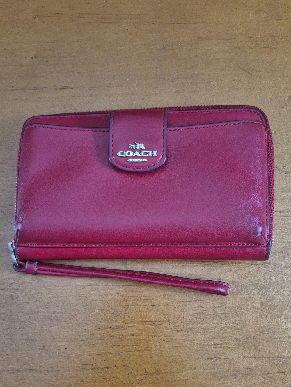 Coach Red Leather Wristlet Clutch with Logo Tab